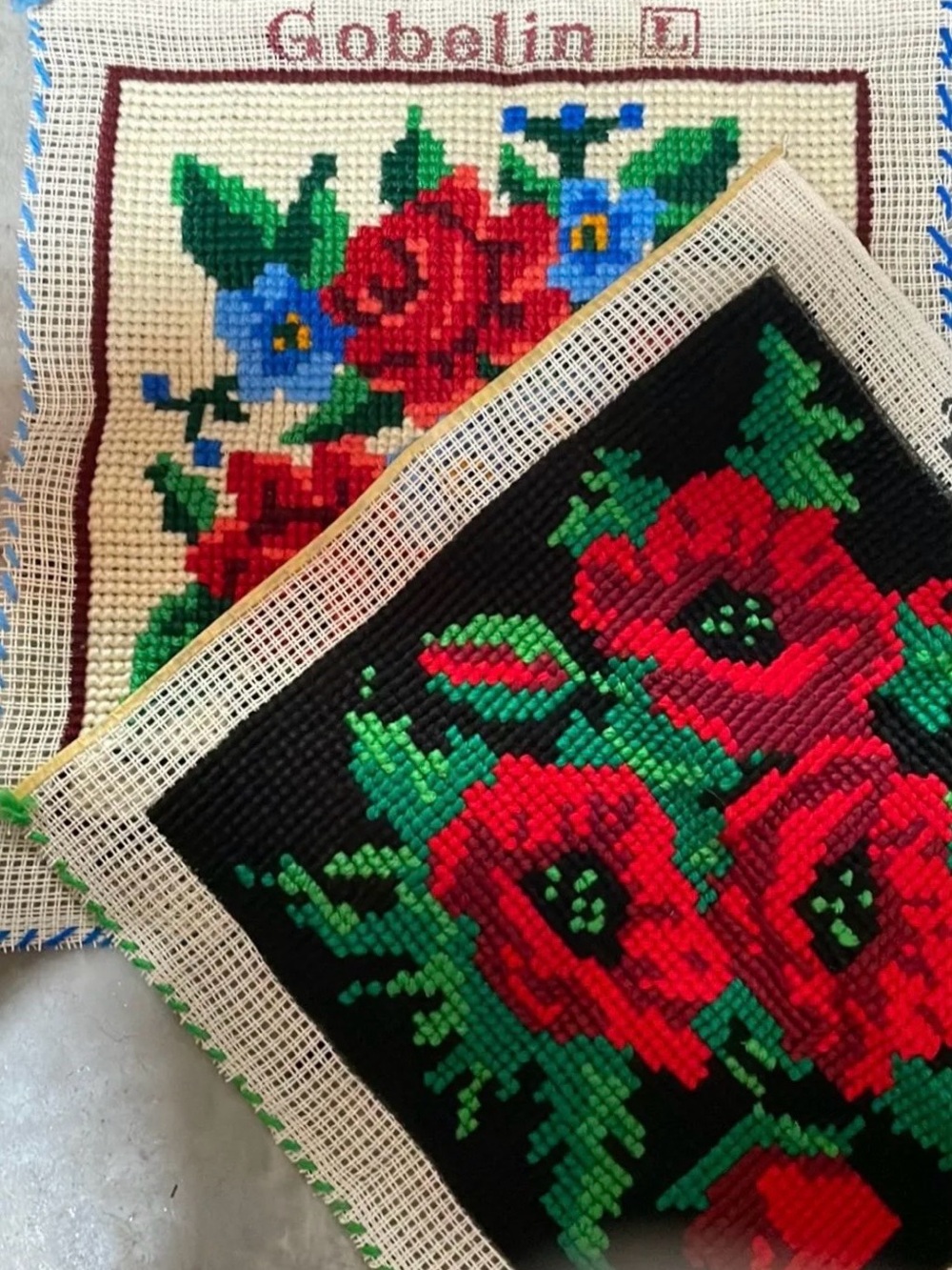 Hand Made Needlepoint Pillow ? Squares w Flower Design- Set of 2